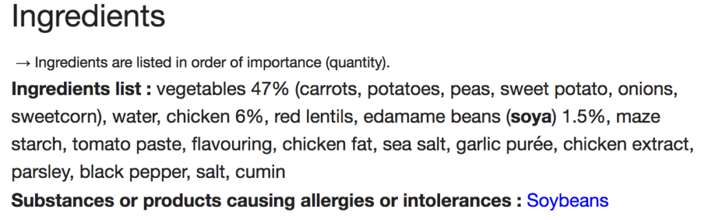 ingredients list with allergens in bold